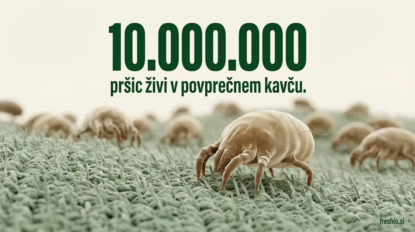 Mikroskopski posnetek pršic na tkanini kavča. V povprečnem kavču jih živi do 10 milijonov.