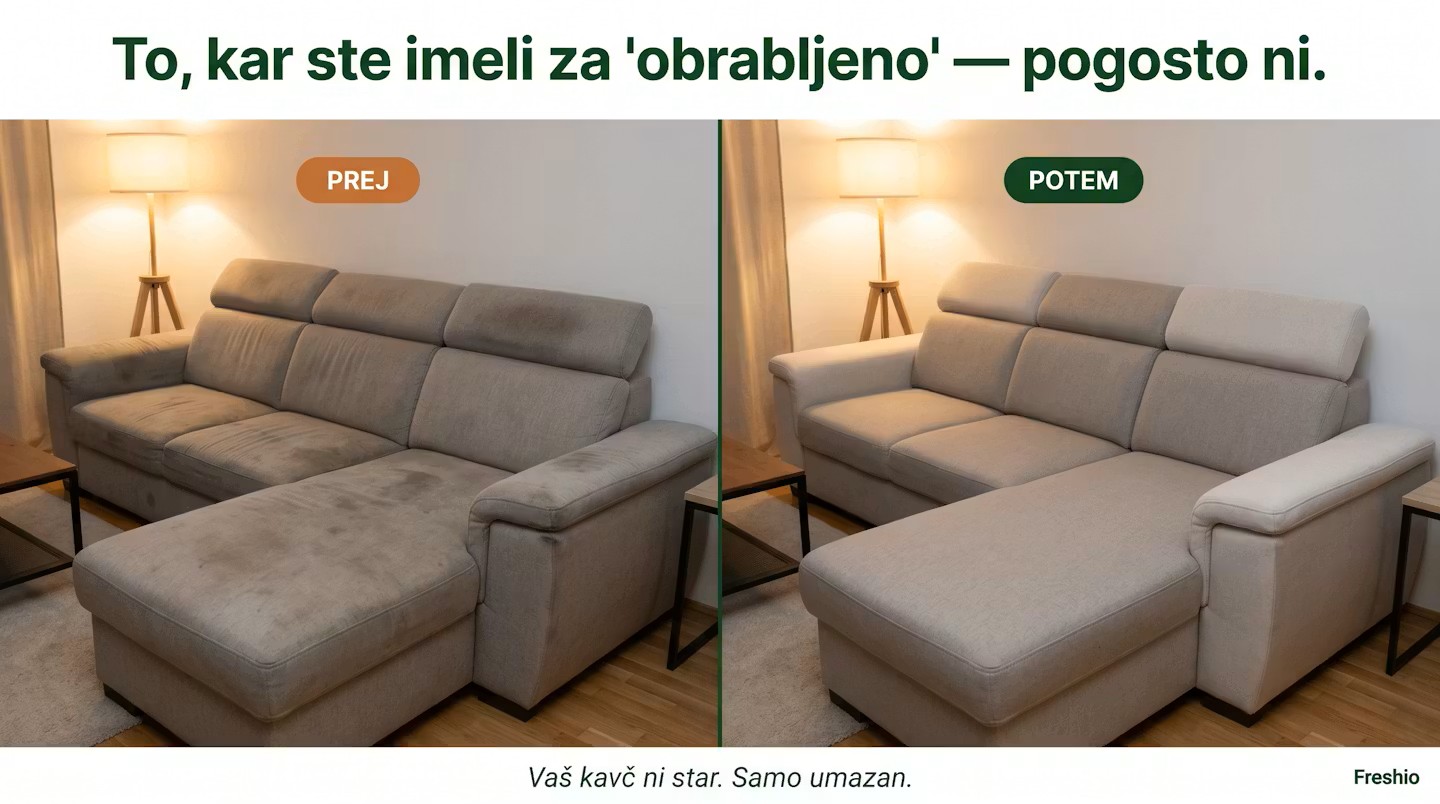 Makro primerjava vlaken kavča pred in po globinskem čiščenju — levo zaprašena siva vlakna z vidnimi delci, desno čista svetlo zelena vlakna.