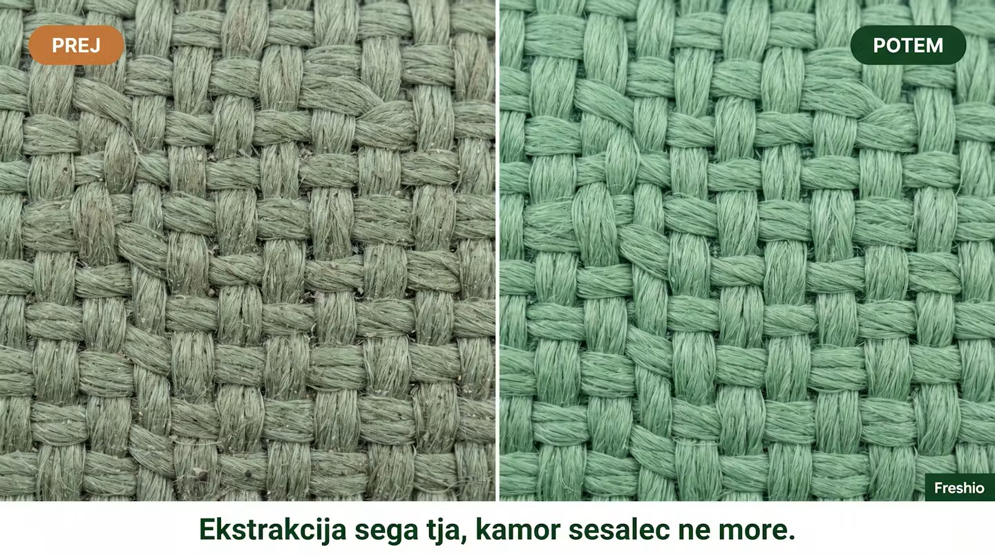 Primerjava istega kotnega kavča pred in po Freshio globinskem čiščenju — levo sivo obrabljen videz, desno svetlo čist in osvežen.